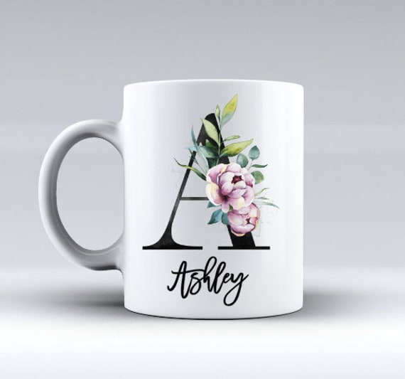 Watercolor Peony Initial Mug, Personalized Bridesmaid Gift