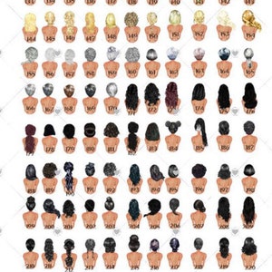 May include: A digital illustration of 224 different hairstyles for women. The illustrations are in a cartoon style and show the back of the head with different hairstyles.