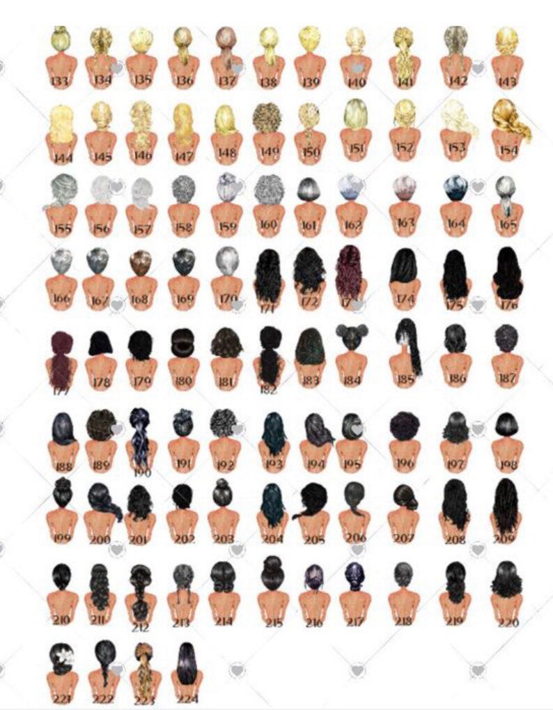 May include: A digital illustration of 224 different hairstyles for women. The illustrations are in a cartoon style and show the back of the head with different hairstyles.