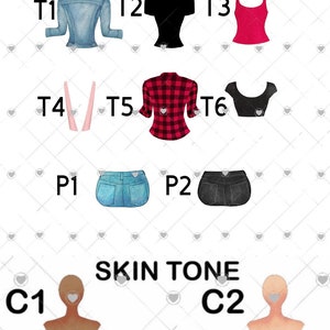 May include: A chart with images of different clothing options, labeled T1 through T6, and P1 and P2. The chart also includes two images of skin tones labeled C1 and C2. The text "Clothing" and "Skin Tone" are at the top of the chart.