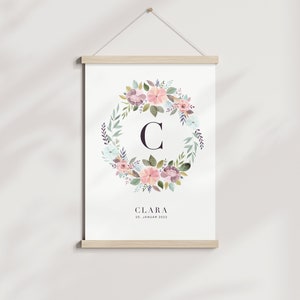Artprint "PastellFlowers" Nombre + Fecha de nacimiento l Guardería l Regalo l Nacimiento l Nórdico l Minimalista l Niña