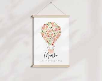 Poster Geboorte "Hot Air Balloon" Meisje l Naam l Babygirl l Aquarel l Cadeau