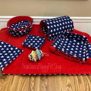 May include: A collection of pet accessories in red, white, and blue. The set includes a bed, a tunnel, a sofa-shaped bed, a square pad, and a triangular blanket. The items feature a navy blue star pattern and are arranged on a red blanket.