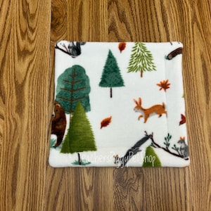 May include: A white pet bed with a woodland animal print. The design includes a brown bear, a fox, squirrels, trees, and leaves. The text "teachersaggypetshop" is printed on the bottom edge.