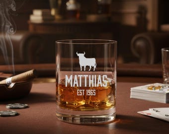 Whiskyglas Veterano Style mit Stier – personalisiert mit Name & Geburtsjahr - Geschenk für Männer und Frauen