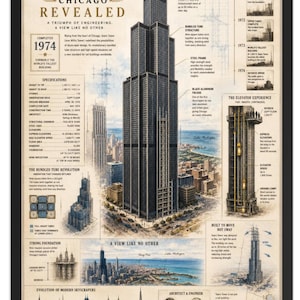 May include: A framed architectural poster titled Sears Tower Chicago Revealed, featuring a central illustration of the skyscraper, technical specifications, construction timeline, and diagrams of the building structure and elevator system.