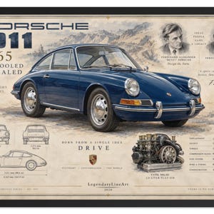 May include: A framed poster featuring a dark blue 1965 Porsche 911, technical line drawings, an engine illustration, and portraits of Ferdinand Porsche and Ferry Porsche. The text includes Porsche 911 1965 Air-Cooled Revealed, Born From A Single Idea, and Drive.