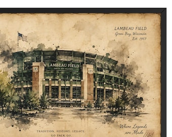 Reproduction encadrée de la porte de la nation Oneida du Lambeau Field | Hommage au stade de Green Bay | Décoration murale 30x20 cm, patrimoine du football américain | Lavis d'encre sur parchemin