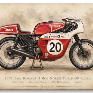 Może przedstawiać: Grafika przedstawiająca motocykl wyścigowy BSA Rocket 3 Rob North Triple GP Racer z 1971 roku, w kolorze czerwono-białym, z numerem 20. Motocykl na tle sepii. Grafika zawiera tekst na dole, w tym pojemność silnika 750 cm3.
