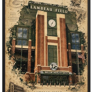 May include: A framed art print of Lambeau Field in Green Bay, Wisconsin. The image features a watercolour-style illustration of the stadium exterior, including the Bellin Health Gate, a clock, and the text Lambeau Field, Built 1957, and Go Pack Go.