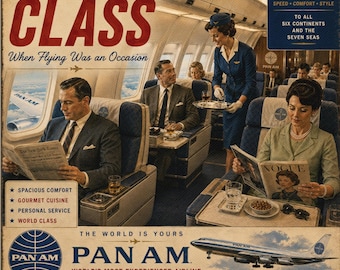Impression sur toile de première classe, art vintage de la compagnie aérienne Pan Am, voyages aériens des années 1960, décoration murale de l'âge d'or de l'aviation à réaction, aviation rétro, série de voyages LLArt