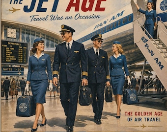 Toile imprimée « Équipage de l'ère du jet », pilotes et hôtesses de l'air vintage, art aéroportuaire des années 1960, âge d'or du transport aérien, décoration murale aviation rétro, LLArt