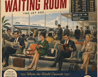 Toile vintage représentant une salle d'attente d'aéroport, art des années 1960 sur le thème des voyageurs d'affaires, âge d'or du transport aérien, décoration murale rétro pour terminal, série Jet Age de LLArt