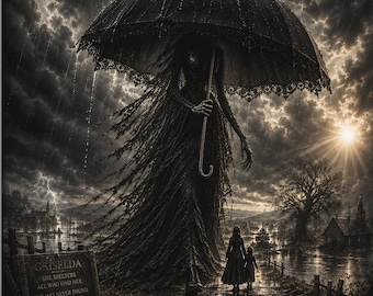 Impression sur toile « La Veuve en Noir » | Griselda | Art gothique d'Halloween « Les Fardeaux » | Décoration murale fantastique sombre | LegendaryLineArt