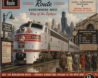 Toile imprimée « Zephyr » de la Route E8 de Burlington, art ferroviaire vintage, gare Union de Chicago, âge d'or du chemin de fer, décoration murale rétro sur le thème du voyage