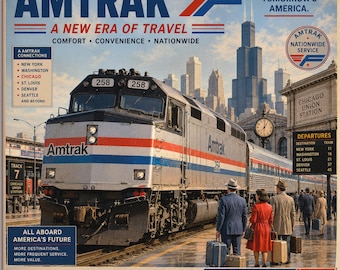 Impression sur toile Amtrak F40PH, affiche vintage de train Amtrak, années 1970, âge d'or du rail, gare Union de Chicago, décoration de voyage rétro