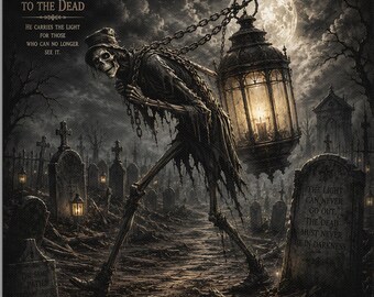 Toile imprimée « Gardien de la lanterne squelette » | Le Gardien de la lanterne des morts | Décoration murale gothique pour Halloween | Les Fardeaux