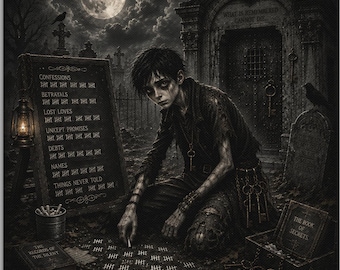 Impression sur toile Wendel le fossoyeur | Gardien des secrets | Les fardeaux - Art gothique d'Halloween | Décoration murale de cimetière hanté