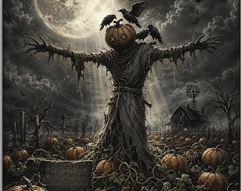 Toile imprimée « Épouvantail à tête de citrouille » | Le Gardien du Champ | Décoration murale gothique pour Halloween | Décoration automnale sombre | LegendaryLineArt