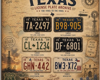 Reproduction sur toile d'archives de plaques d'immatriculation du Texas, art mural vintage du Texas, décoration de l'État de l'Étoile Solitaire, style rétro américain, histoire des routes du Texas, années 1940-1980