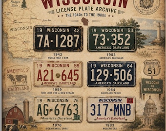 Reproduction sur toile d'une plaque d'immatriculation du Wisconsin, art mural vintage du Wisconsin, symbole de l'Amérique du Wisconsin, décoration routière rétro, années 1940-1980