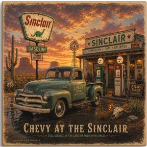 May include: A square wall art print featuring a teal vintage Chevy pickup truck parked at a Sinclair gas station during sunset. The scene includes a Sinclair dinosaur sign, a windmill, and the text: CHEVY AT THE SINCLAIR FULL SERVICE IN THE LAND OF WIDE OPEN SPACES.