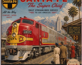 Reproduction sur toile du Santa Fe Super Chief, art ferroviaire vintage Santa Fe, locomotive Warbonnet 347C, âge d'or du chemin de fer, décoration murale rétro sur le thème du chemin de fer