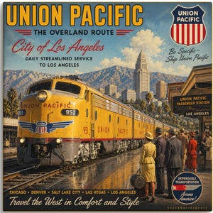 May include: A vintage-style poster featuring a yellow Union Pacific train on tracks with the text Union Pacific The Overland Route City of Los Angeles. The scene includes a city skyline, mountains, and people on a platform with the slogan Travel the West in Comfort and Style.