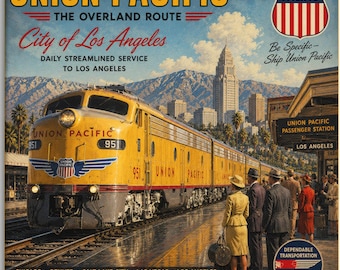 Impression sur toile Union Pacific City of Los Angeles, art ferroviaire vintage Streamliner, âge d'or du chemin de fer, décoration murale sur le thème du chemin de fer, affiche de voyage rétro