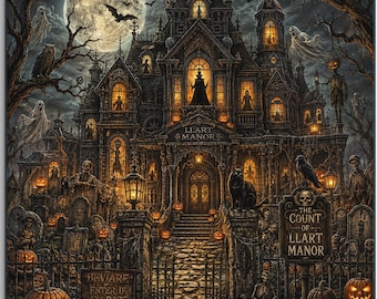 Impression sur toile tendue « Le Comte de LLArt Manor » | Décoration murale gothique pour Halloween | Décoration de maison hantée | Art automnal effrayant | LegendaryLineArt