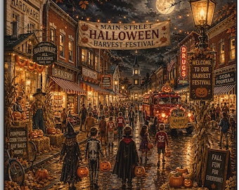 Impression sur toile « Halloween sur Maple Street » | Assiette n° 2 du festival des récoltes de Main Street | Décoration murale vintage d'Halloween | Décoration d'automne