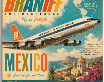 Toile imprimée Braniff Airlines Mexico, illustration vintage de Boeing 707, âge d'or de l'aviation, décoration murale style jet des années 1960, collection LLArt Travel Series