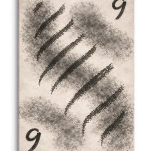 May include: Canvas art print featuring a beige background with black brushstrokes and the number "9" in two corners. The artwork has a textured appearance, with the artist's signature in the bottom right corner.