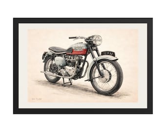 1959 Triumph T120 Bonneville Framed Print, Meridian Blue Orange Tank, Vintage Motorcycle Art, Self Mat border signed LLArt  w Descriptor.