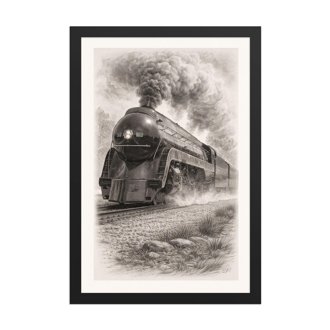 N&W Class J 611 Steam Locomotive Print | Graphite Ink Train Art (18x12 ...