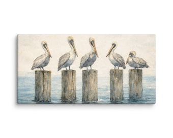 Breakwater Watch – Pelicans Coastal Canvas Print 48 x 24 | Seaside Pelican Wall Art | Minimalist Ocean Bird Painting | Coastal Decor- LLArt
