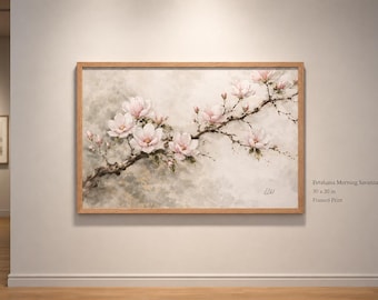 Magnolia Reach in Bloom – 30 x 20 Framed Botanical Print, Japandi Magnolia Wall Art, Soft Pink Floral Branch Artwork, Elegant Bedroom Decor