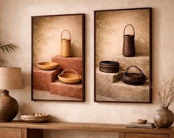 Japanese Bamboo Basket Wall Art – 24x36 or 20x30 Framed Canvas Print – Japandi Decor – Wabi Sabi Still Life – Neutral Zen Interior Art