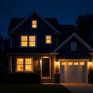 May include: A two-story house at night with a dark blue exterior and a white garage door. The windows are lit with warm yellow light, contrasting with the dark blue of the house and the night sky. Exterior lights illuminate the front.