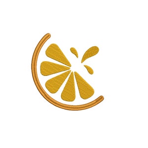 May include: A gold embroidered design of a lemon slice with juice splattering out.