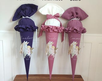 Muslin school cone with unicorn, fairy and personalized name | Shipping included | Berry | Pink | Purple | Lilac | Dark Blue