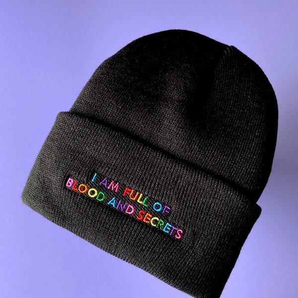 BLOOD AND SECRETS Beanie - Embroidered Horror Beanie, Goth Halloween Beanie, Dark Humor Funny Halloween Gift, Rainbow Embroidery Hat