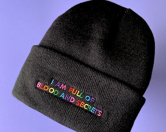 BLOOD AND SECRETS Beanie - Embroidered Horror Beanie, Goth Halloween Beanie, Dark Humor Funny Halloween Gift, Rainbow Embroidery Hat