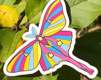 Naklejka z motylem panseksualnym - Subtelna naklejka winylowa Pan Pride, prezent dla miłośnika owadów, w stylu czarownicy - Spooky Doodle Club