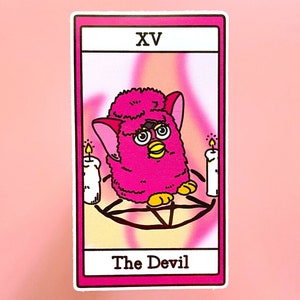 DEVIL FURBY STICKER - Waterproof Vinyl Laptop Sticker, Pink Tarot Card Art Sticker, Cursed Furby, Creepy Cute - Spooky Doodle Club