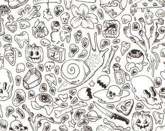 May include: A black and white illustration featuring a range of spooky and whimsical objects, including skulls, bones, eyes, pumpkins, snails, and more. The illustration is packed with intricate details and a playful sense of darkness.