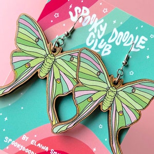LUNA MOTH EARRINGS - Wooden Moth Earrings, Nature Inspired Jewelry Gift, Spooky Doodle Club Bug Earrings (2 inch)