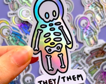 Holographic THEY/THEM Sticker - Skeleton Pronouns Sticker, Spooky Holographic Pronouns Sticker, Unique They Them Sticker, Waterproof Vinyl