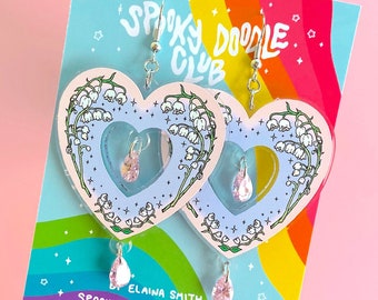 EVERLASTING LILY EARRINGS - Lily of the Valley Heart Earrings, Floral Garden Bride, Pastel Pink Fairy Aesthetic (2 inch + cubic zirconia)