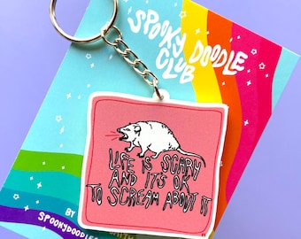 SCARED OPOSSUM KEYCHAIN - Life is Scary and It&#39;s Ok to Scream about It Acrylic Possum Keychain, Pink Possum Art Keyring (2 inch)